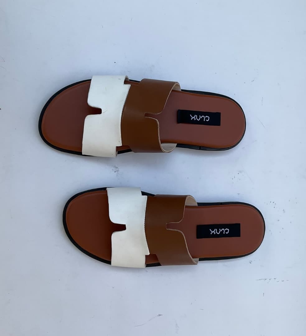 Brown & White Cutout Leather Slides