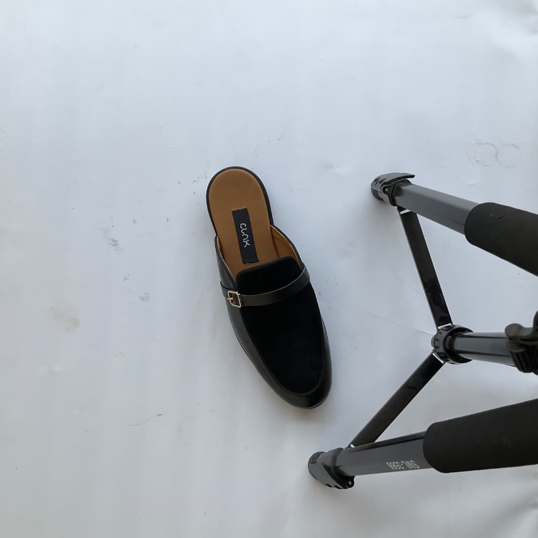 Black Suede & Leather Strap Mules