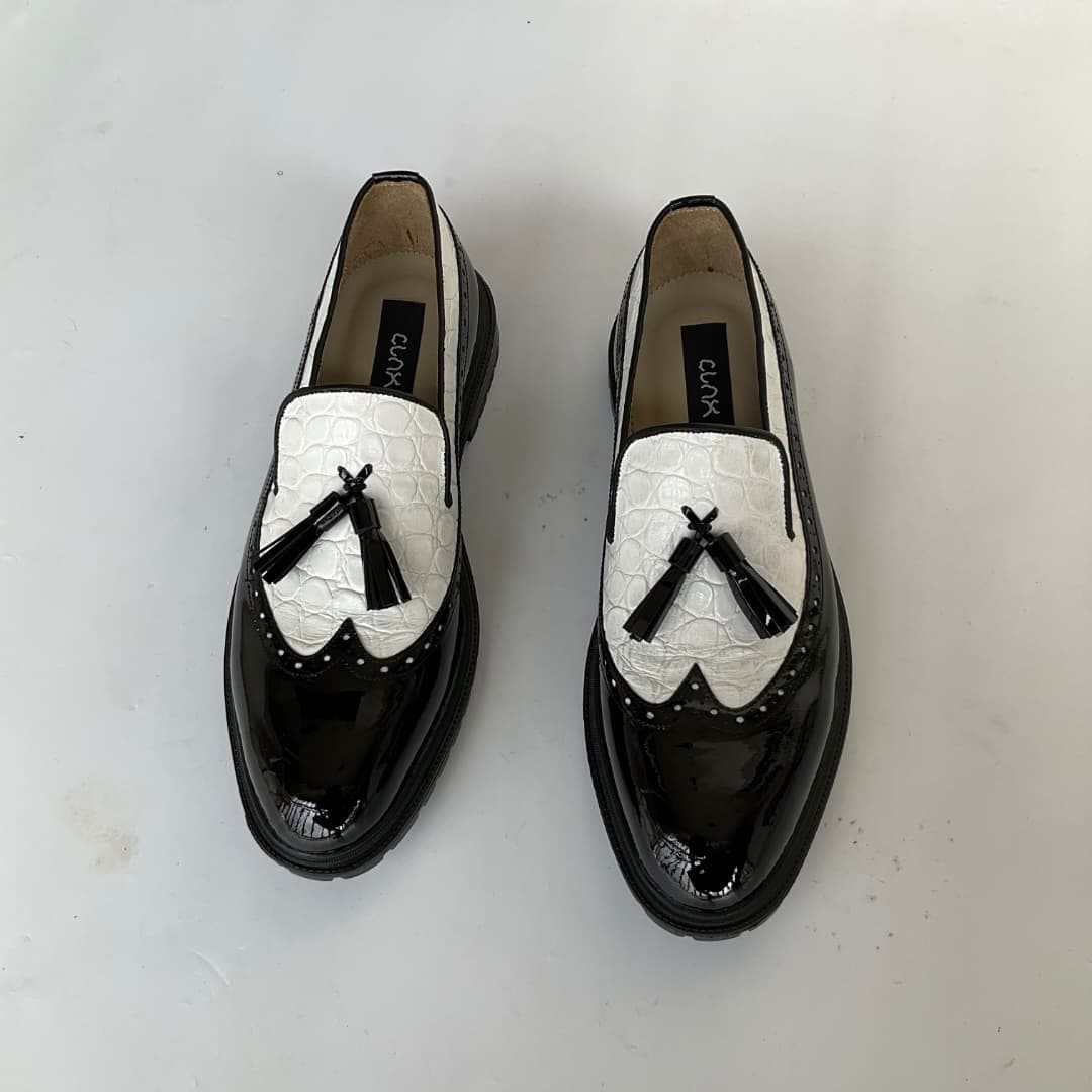 Black & White Croc Tassel Wingtip Loafers